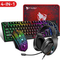 T-WOLF TF400 USB Wired Keyboard Mouse Gaming Headset Mouse Pad 4-in-1 Combination RGB Backlight Plug and Play Suitable for PC