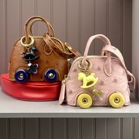 Mini Handbag Purse with Wheels&Rocking Horse-Cute Ostrich Pattern PU Leather Case for AirPods, Coin, Cable, Keychain Bag Charm