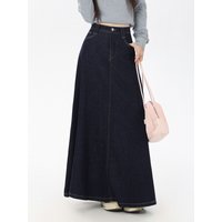 Women's Vintage A-Line Denim Long Skirts, Casual High Waist Jean Skirt, Blue, All-Match, Korean Fashion, 2021