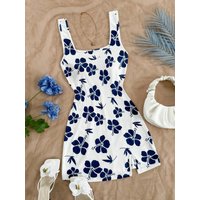 Women's Sexy Vacation Style U-Neck Flower Print Open Back Side Slit Mini Dress for Spring/Summer