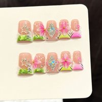 10pcs Green French Press on Nails Silver Star Diamond Nail 3D Flower Nail Sweet Cool Duckbill False Nails Pink Bow Cute Nail Art