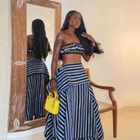 Bohemian Blue Striped Two-piece Set Strapless Ruffled Crop Top Tiered Maxi Skirt Women Summer Beach Vacation Chic Outfit