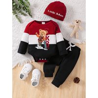 Autumn Winter Kids Hooded 2-Piece Set Cute Bear Print Red-White-Black Color Block Warm Knitted Cotton “Love Baby” Lettered Hood