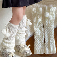 White Leg Warmer with Pom Pom Women Winter Long Stockings Lolita Thigh High Knitted Sock Cute Japanese Cosplay Leg Warmer