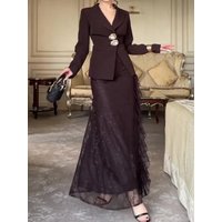 Fashion Irregular Pleated Skirts Sets Elegant Long Sleeve Button Blazer&Lace Skirts Sets Temperament Commute Solid Color Outfits