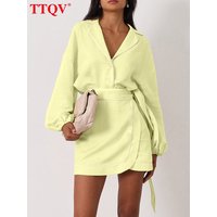 TTQV Fashion Loose Yellow Cotton Women's Two Pieces Set 2026 Elegant Long Sleeve Shirt With High Waist Mini Skirt Set Female