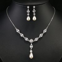 ZAKOL Classic Elegant AAAA Cubic Zirconia Imitation Pearl Dangle Earring Necklace Set Sparkling jewelry for Formal Occasions