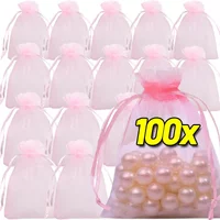 Pink Mesh Organza Drawstring Bags for Jewelry Gift Packaging Small Pouches Earring Wedding Party Favor Candy Storage Bags Decor