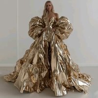 Sparkling Gold Evening Dresses Off shoulder Sweetheart Neck Ball Gown with Puff Sleeves for Wedding Luxury Dinner Party Dress