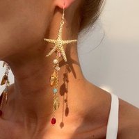 Boho Long Tassels Earrings Starfish Jellyfish Y2K Jewelry Drop Earrings Imitation Pearls Gold Color Starfish Earrings Seaside