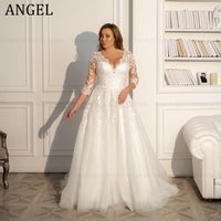 ANGEL Modest Plus Size Wedding Dresses Customized 2025 A-line V-Neck Tulle Lace Long Bridal Gowns 3/4 Sleeves Vestidos de Novia