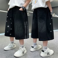 Kids Vintage Black Denim Shorts For Boys Casual Summer Shorts Teenager Children Retro Straight Knee-Length Printing Jeans Pants