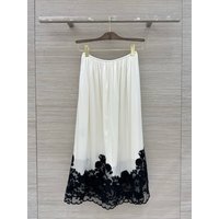 Women Handmade Lace Embroidery Long Skirt Elastic Waist A-Line Elegant 100% Silk Satin Jupe