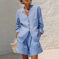 Sexy V Neck Button Top & High Waist Shorts Outfit Simple Casual Loose Women's Two Piece Set Spring Summer Solid Office Lady Suit