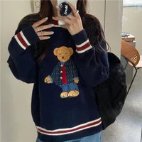Preppy Style Bear Jacquard Thick Knitted Sweater Women Autunn Winter Loose O-Neck High Quality Knitted Pullover Korean Knitwear