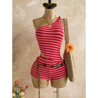Women's Pink Striped Bohemian Two-Piece Set with One-Shoulder Tank Top & Hot Shorts, Summer Casual Outfit for Island Vacation
