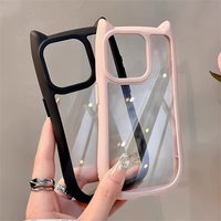 Cute Cat Ear Transparent Case For iPhone 16 15 Pro Max 14 13 12 11 Plus Shockproof Hard Acrylic Soft Silicone Kawaii Back Cover