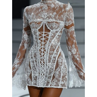 Sexy Lace High Collar Full Sleeve Corset Mini Bride Wedding Dresses Bridal Gowns Customized