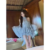 SYJ Gentle Lace Trim Sash Chiffon Top High Waist Blue Bodycon Shorts Set Women's Fashion Summer Outfit Short Sleeve round Neck