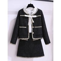 Autumn Winter Elegant Black Tweed 2 Piece Set Women Long Sleeve Woolen Jacket Short Coat Mini Skirts Suits Fashion Two Piece Set