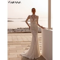 New Sequined Beads Lace Mermaid Wedding Dress Modest High Collar Long Sleeve Bridal Gown 2025 Customized Dresses For Bride