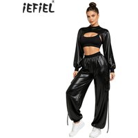 Womens Metallic Shiny Hip Hop Jazz Dance Outfits Performance Disco Costume Long Sleeve Crop Top Printed Band Cargo Jogging Pants