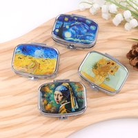 Oil Painting Metal Medicine Box with 2 Compartments Portable Travel Sealed Small Pill Organizer Container Storage