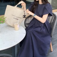 Korean Style Simple White Dress Women Summer Elegant Fashion High-End Design Slim round Neck A-Line Pleated Long Skirt