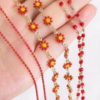 1Meter Red Enamel Copper Chain Daisy Flower Square Beaded Chains for DIY Necklaces Bracelets Jewelry Making Accessories