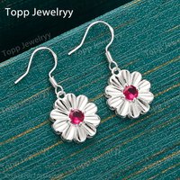 Charm 925 Sterling Silver Delicate Daisy Red Zircon Earrings for Women Fashion Engagement Accessories Party Gifts