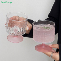 ♩Hammered Glass Cup with Pink Matte Base,Short Stem Wine Glass for Cocktails,Coffee, Smoothies