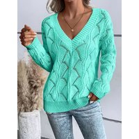 Women's Openwork Knit V-Neck Drop-Shoulder Sweater, Spring/Summer/Fall Style, Elegant Design