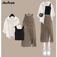 Women 2026 Spring Summer New Vintage Cowboy Skirt Matching Set Korean Elegant White Shirt+Knitted Vest+Denim Dress 3-Piece Suit