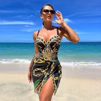 2023 Print Push Up One Piece Swimsuit With Beach Skirt V Neck Swimwear Women Beachwear Bathing Suit Vintage Monokini Summer