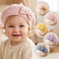 Baby Girls Bow Beret Hat Toddler Knitted Hat with Plaid Bow Spring Winter Cute Top Knot Design Kids Fashion Headwear Accessory
