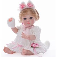 Cloveray 18 Inch Lifelike Reborn Baby Girl Cat Ear Headband White Lace Dress Pink Ribbon Soft Vinyl Realistic Collectible Doll