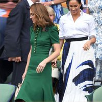 Summer Women's Workplace Office Dress Princess Kate Middleton Green Buttons Long Dresses Fashion Casual Party Elegant Lady Cloth