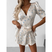 Corset Waist Floral Satin Short Women Dress Puff Sleeve V-Neck Wrap Tie Back Cut 2026 Summer New Beach Casual Ladies Dresses