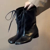 Split Toe Shoes Female New Fashion Ruffle High Chunky Women Boot Winter Short Lace-up Ankle Boots