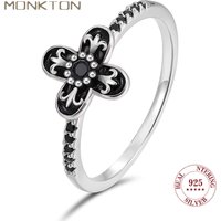 Monkton 100% S925 Sterling Silver Clover Black Flower Rings for Women Silver Punk Vintage Finger Ring Elegant Fine Jewelry Gift