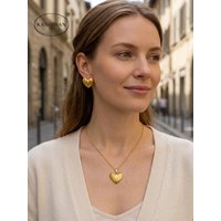 Vintage Textured Heart Pendant Necklace Stud Earrings Set Gold Color Stainless Steel Choker Necklaces Geometric Jewelry