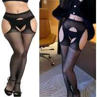 NEWJOINFUN Plus Large Size Open Crotch Tights Black Fishnet Thigh High Stockings Garter Belt Pantyhose for Oversized Woman XXXXL