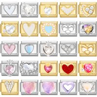 Zircon Colorful Heart Golden Italian Charm Links Fit 9mm Stainless Steel Bracelet Women Men Jewelry DIY Making Gifts Wholesale