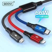 QOOVI 3-in-1 Multi USB Cable 66W Fast Charging Micro USB Type C Charge Mobile Phone Charger Data Cord For iPhone Samsung Xiaomi