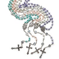 QIGO Glass Imitation Pearl Rosary Necklace Long Crucifix Cross Pendant Religious Jewelry