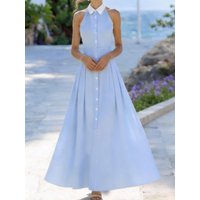 olid Light Blue Halter White Contrast Collar Front Button Pleated Swing Maxi Dress For Women