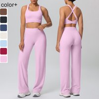 2pcs/set Women Gym Sports Yoga Suit Solid Color Backless Yoga Underwear With Chest Pad High Waisted Push Up Wide Leg Pants Set