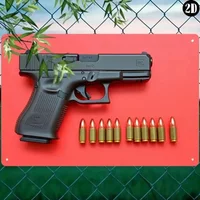2D Black Semi-Automatic Handgun with Bullets HD Metal Picture Wall Art Decor for Man Cave Gun Room Hunting Shack Tactical Gear D