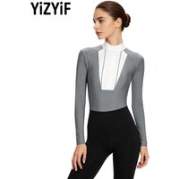 Women Equestrian Leotard Mock Neck Accordion Pleated Detail Long Sleeve Stretchy Breathable for Horse Riding Show Competition