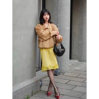 Drawstring-Waist Straight-Cut Lace Skirt — Elegant Commuter-Style Women's Skirt with Lace Trim and Embroidery